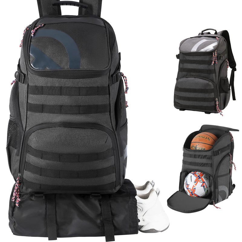TRAILKICKER Basketball Bag Backpack with Ball Holder Multi-Sport Backpack for Soccer Volleyball Football Baseball Helmet (TK2-Gray, Large) - Image 1